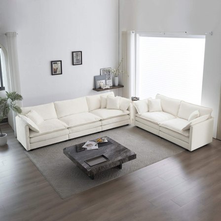 Sofa Set of 2 Chenille Couch, 2 3 Seater Sofa Set Deep Seat Sofa, Modern Sofa Set for Living Room, White Chenille