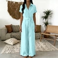thumbnail image 6 of Bloomae Womens Button Down V Neck Jumpsuits Summer Casual Short Sleeve Loose Fit Wide Leg Overalls Dressy One Piece Belted Rompers with Pockets, 6 of 7