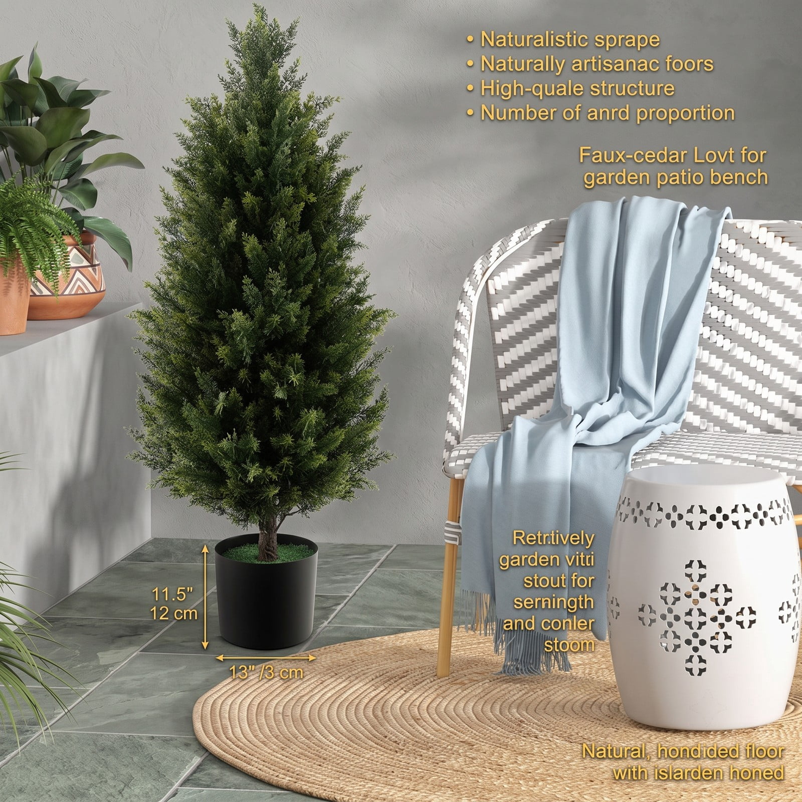 ALPULON 3 Feet Artificial Cedar Topiary Tree, Faux Cypress Plant with Cement-Filled Plastic Pot and Realistic Moss for Indoor Outdoor Home Office Entryway Decor, Green