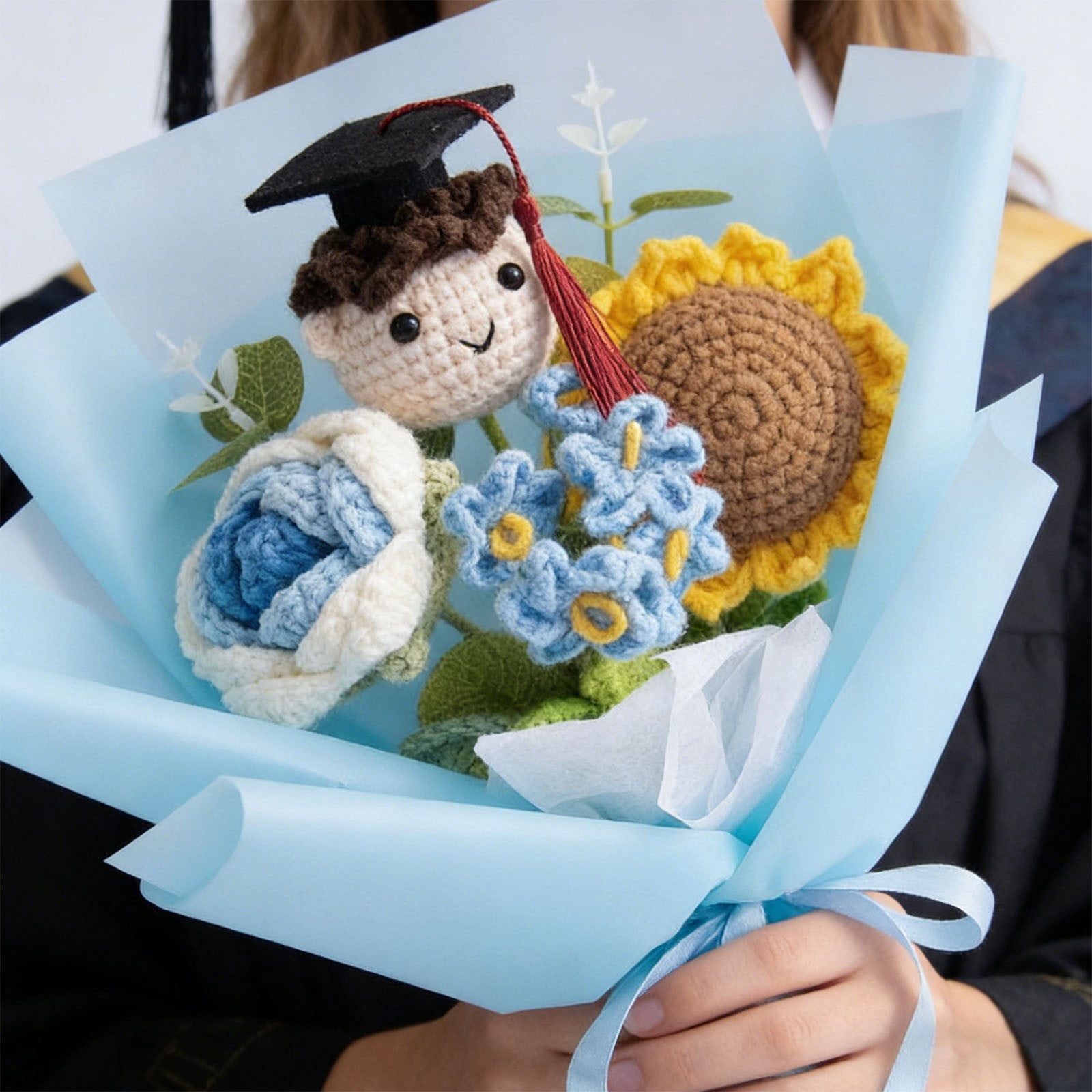 Graduation Crochet Flowers Bouquet, Handmade Knitted Grad Gift, Artificial Preserved Flowers, Teacher Appreciation Home Decor, Sunflower Rose Bouquet, Birthday Anniversary Gift
