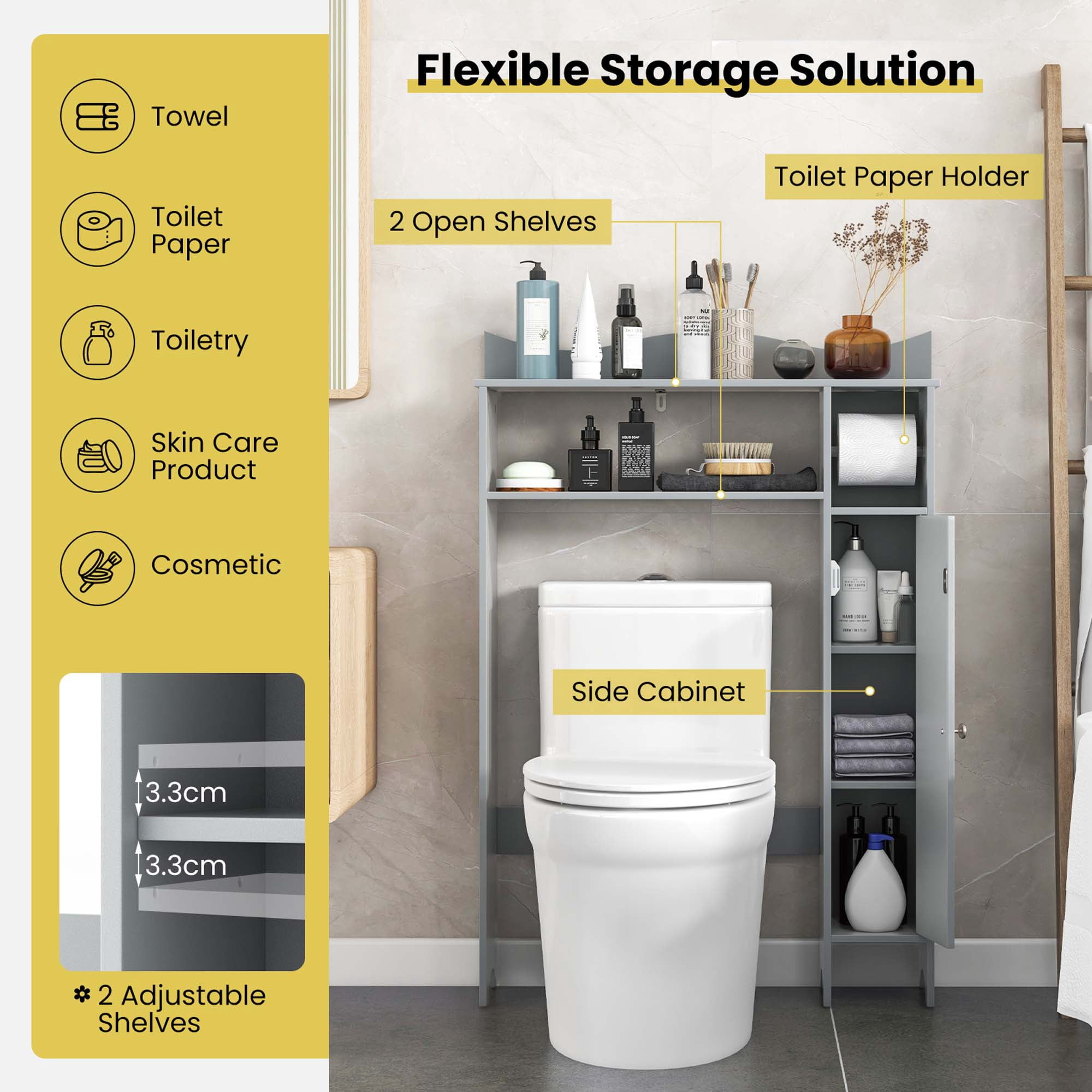 Costway Over the Toilet Storage Cabinet with Toilet Paper Holder Adjustable Shelves Gray