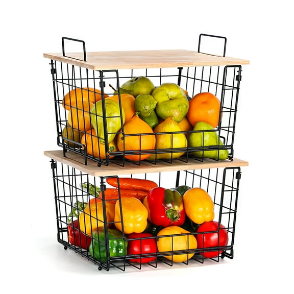 2 Pack Fruit & Vegetable Basket with Wooden Top – Stackable Wire Kitchen Pantry Organizer for Countertop, Cabinet, or Pantry – Durable Storage Baskets for Produce, Black
