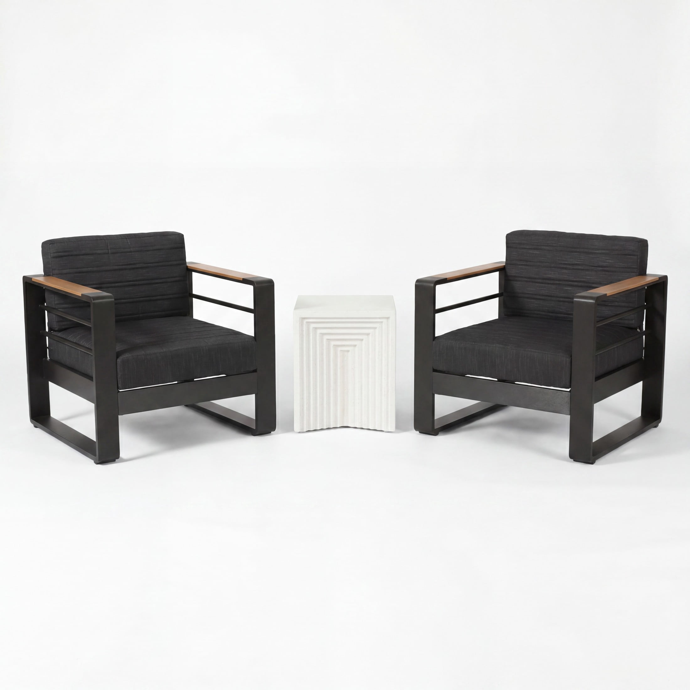 Christopher Knight Home 3-Piece Modern Patio Chat Set, Aluminum Club Chairs & Side Table, Black+White