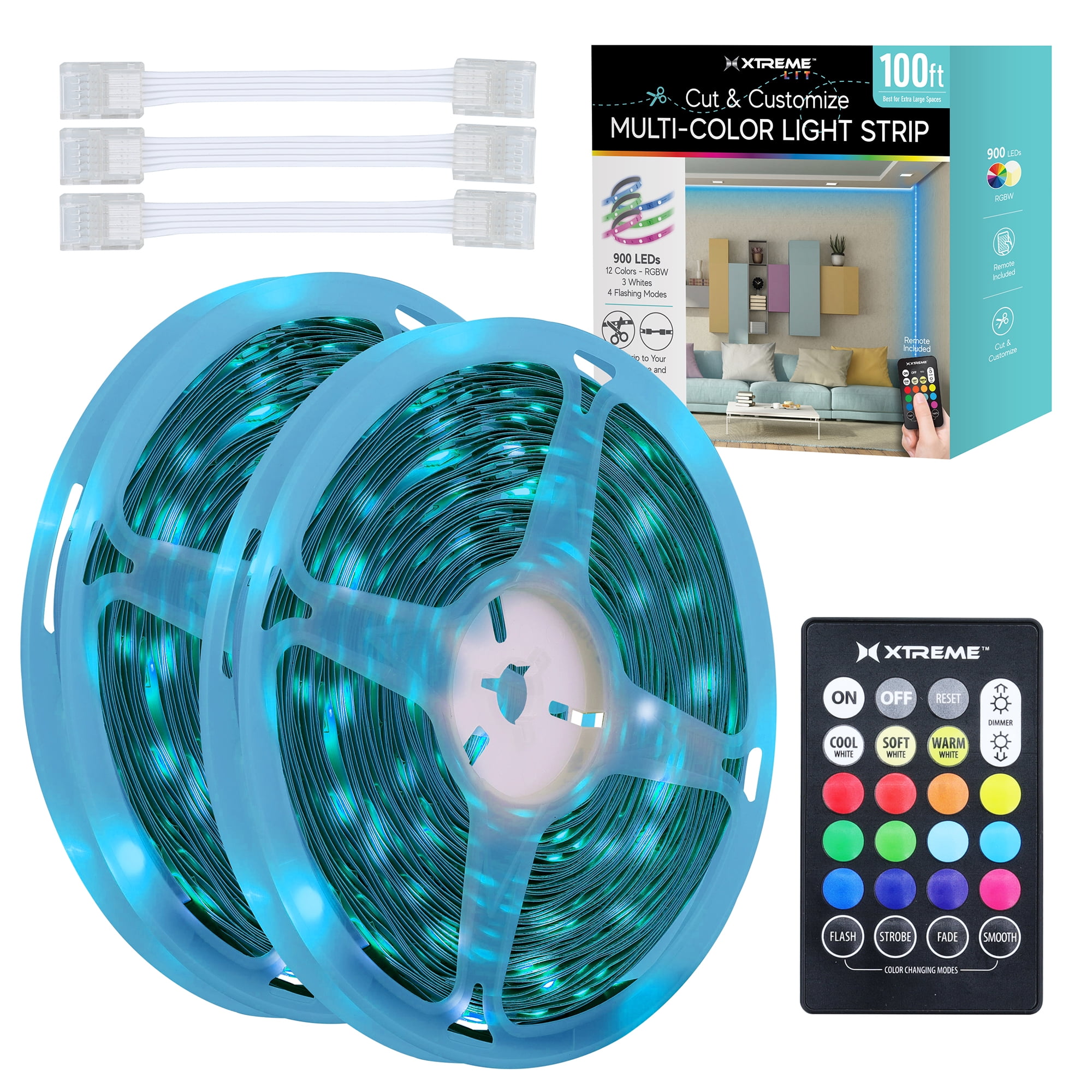 (4 pack) Xtreme Lit 100ft Indoor LED Strip Lights Kit, Multicolor LED Lights for Bedroom, Cuttable, Remote Control