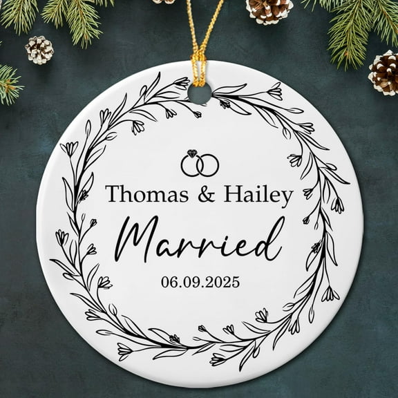 Personalized First Christmas Married Ceramic Ornament Gift for Mr & Mrs Wedding Anniversary, 1st Xmas Married Ornament Christmas 2025, Custom Date & Names Couple Just Married Ceramic Ornaments Gifts