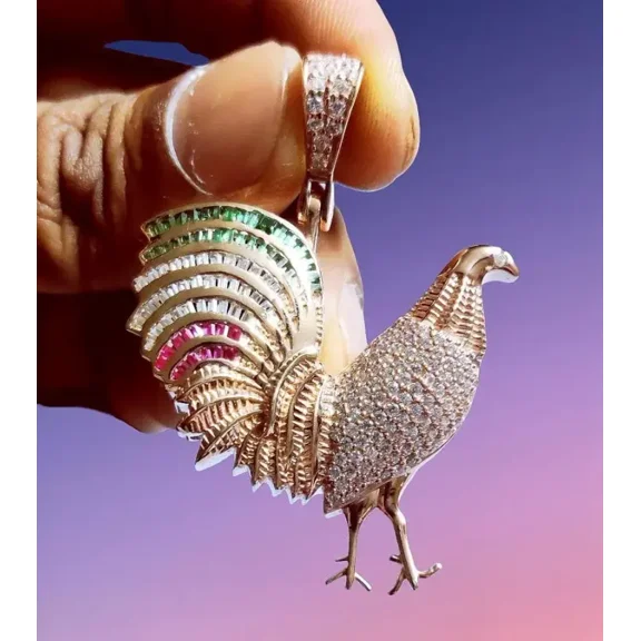 Aishvi Jewels 2 CT Round Cut Simulated Multicolor Diamond Rooster Pendant 14K Rose Gold Plated 925 Sterling Silver