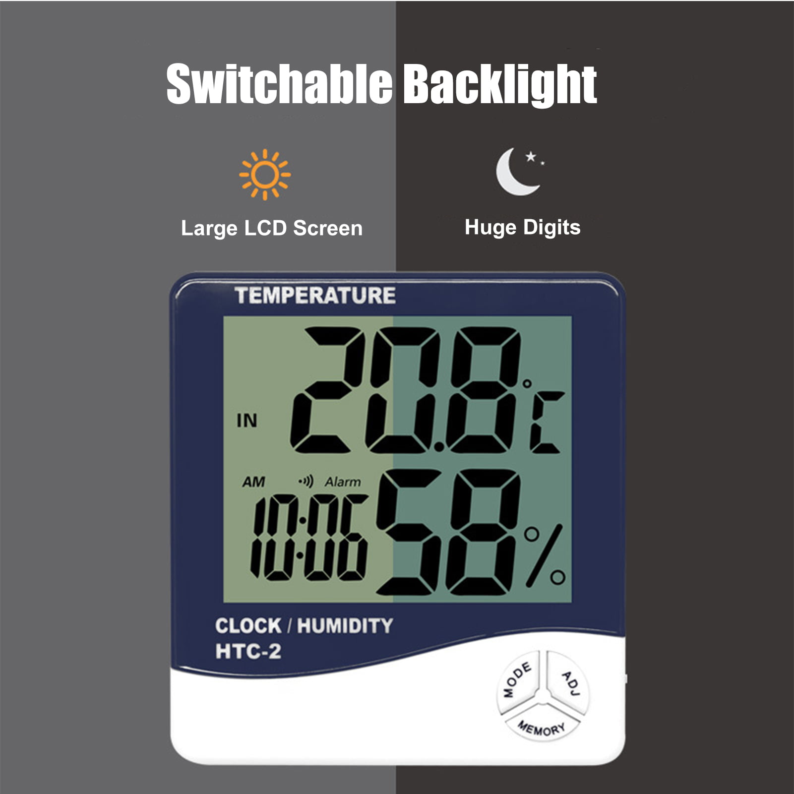 Lechnical Digital Hygrometer Indoor Outdoor Temperature Monitor Humidity Gauge Backlit LCD Weather Station Alarm Clock with Calendar Hourly Reminder and Max Min Memory HTC-2