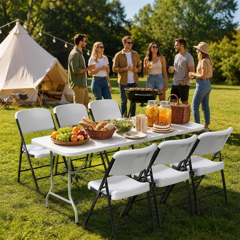 INTRTLOCKINGING TILES 6FT Folding Table, Height Adjustable Portable Plastic Folding Table with Carry Handle, Heavy Duty Indoor Outdoor Utility Table for Camping, Picnic, Party, Home Office