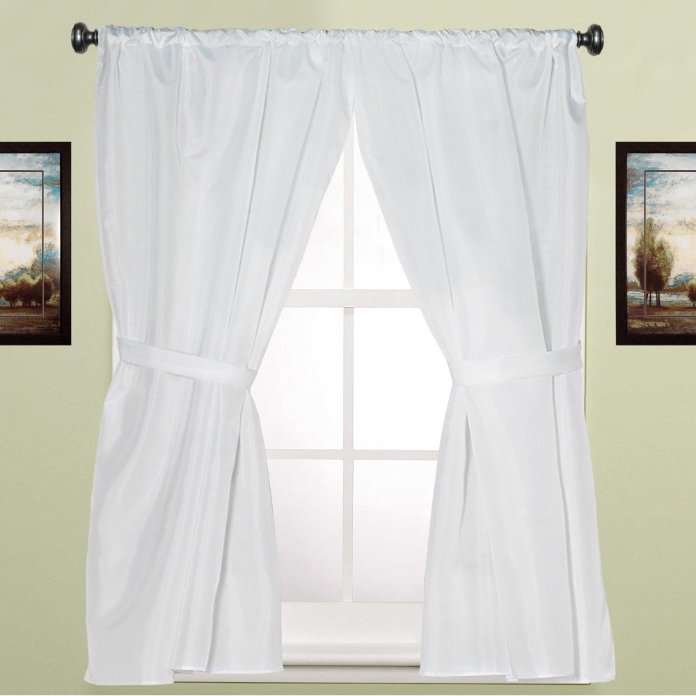 Water Resistant White Fabric Bathroom Window Curtain Pair w/ Tiebacks