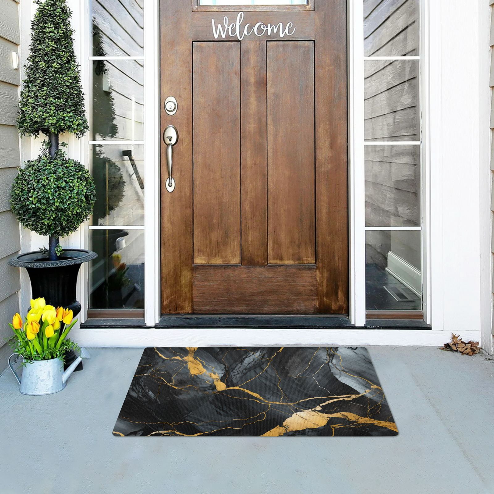 JSTEL Gold & Black Marble Front Door Mat Outside Entrance 32x20 Inch Doormat for Outdoor Indoor Washable Non Slip Floor Mats