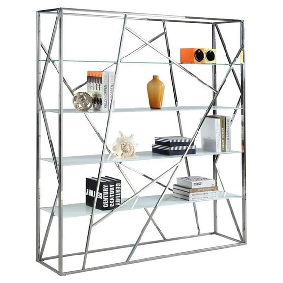 Milan Kailynn 63" Contemporary Metal and Glass Bookshelf in Starphire White