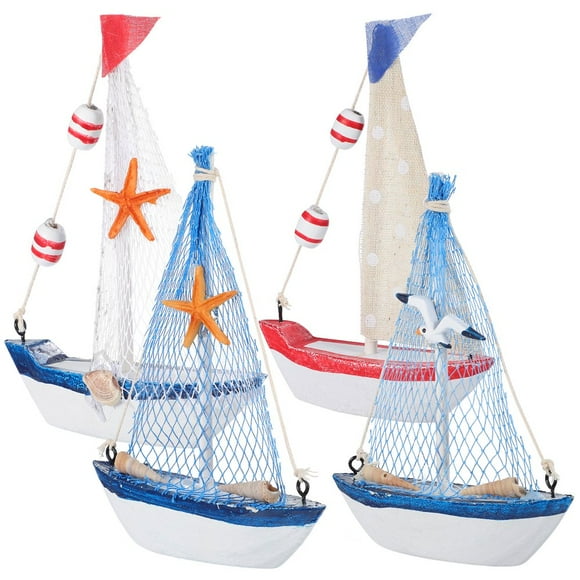 LEEYNEER 4 Pcs Wooden Canvas Boat Sailboat Model Decoration Ship Mini Toys