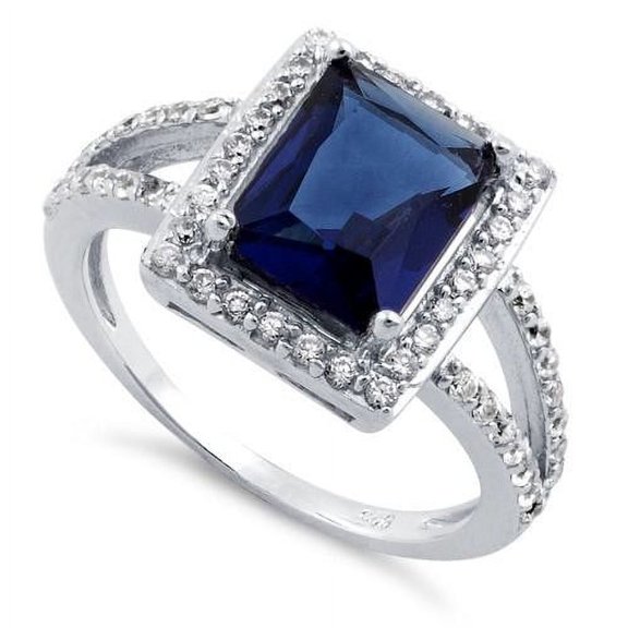 Sterling Silver Blue Sapphire Rectangular Halo CZ Ring (6)