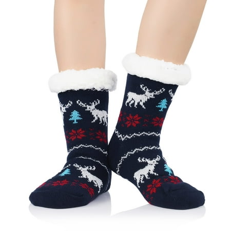 

Zando Women s Winter Super Soft Sock Slippers Fleece Lined Socks Warm Fuzzy Cabin Socks Fuzzy Slipper Socks with Grippers Cozy Sherpa Fleece Socks Fuzzy Christmas Socks Non Slip C Navy Blue
