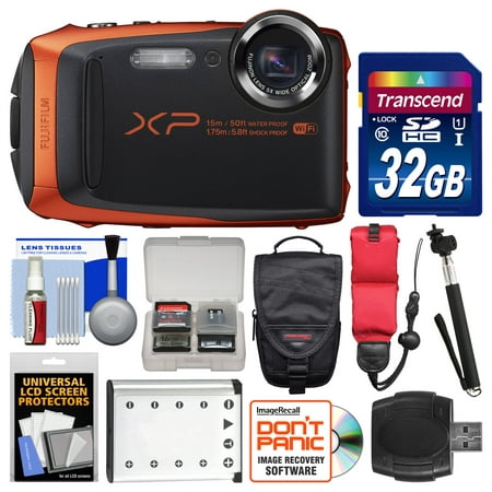 Fujifilm FinePix XP90 Shock & Waterproof Wi-Fi Digital Camera (Orange) with 32GB Card + Case + Battery + Selfie Stick + Float Strap +