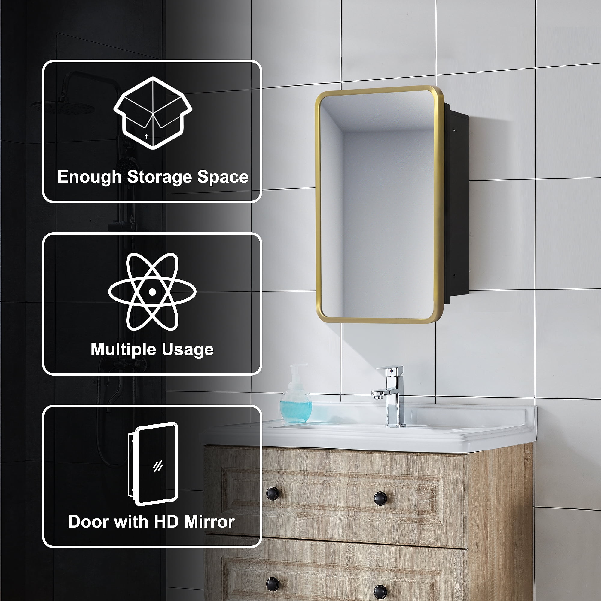 MAYEERTY 10"×7" Model B Gold Iron Rectangular Mirror Cabinet Rounded Corners, Chic Storage for Small Bathrooms