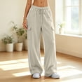 thumbnail image 2 of Womens High Waisted Wide Leg Cargo Sweatpants Baggy Y2K Striped Fleece Pants Elastic Waist Drawstring with Flap Pockets Streetwear Outfits, Beige, M, 2 of 5