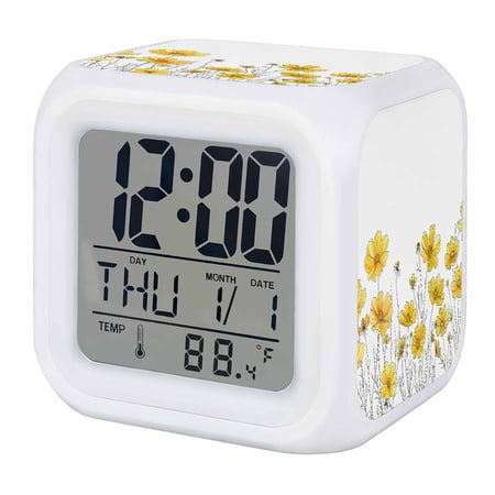 Yellow Spring Floral Digital Alarm Clock for Bedrooms,Smart LED Alarm Clock with 7 Color Changing Night Light,Summer Botanical Watercolor Daisy Silent Wake Up Clocks for Sleep Study Cooking 3.2x3.2