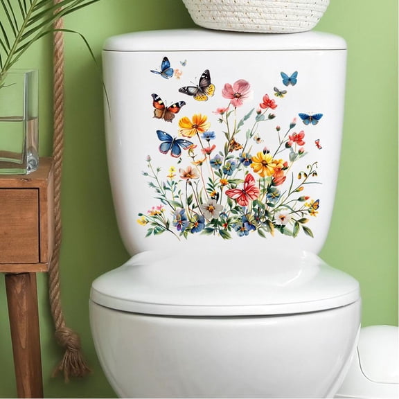 Furvclv Flower Wall Stickers, Self-adhesive Butterfly Toilet Sticker Peel And Stick, Floral Leaf Decor Art DIY Wall Decals Wallpaper Supplies For Refrigerator Bathroom