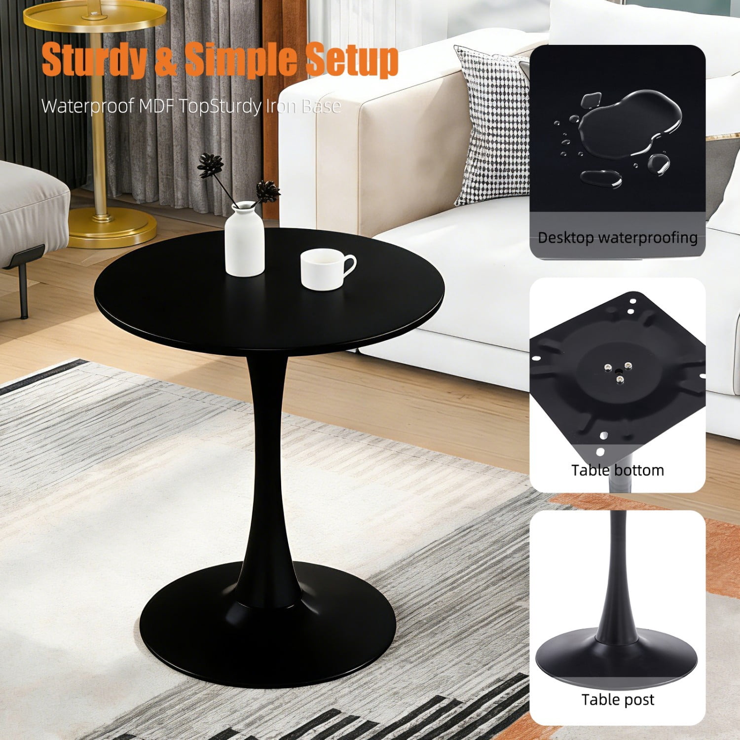 24" Round Dining Table, Modern Black Tulip Base Table with MDF Top & Matte Iron Pedestal, Small Space Kitchen Table, Mid Century Coffee Table for Dining Room, Living Room & Apartment