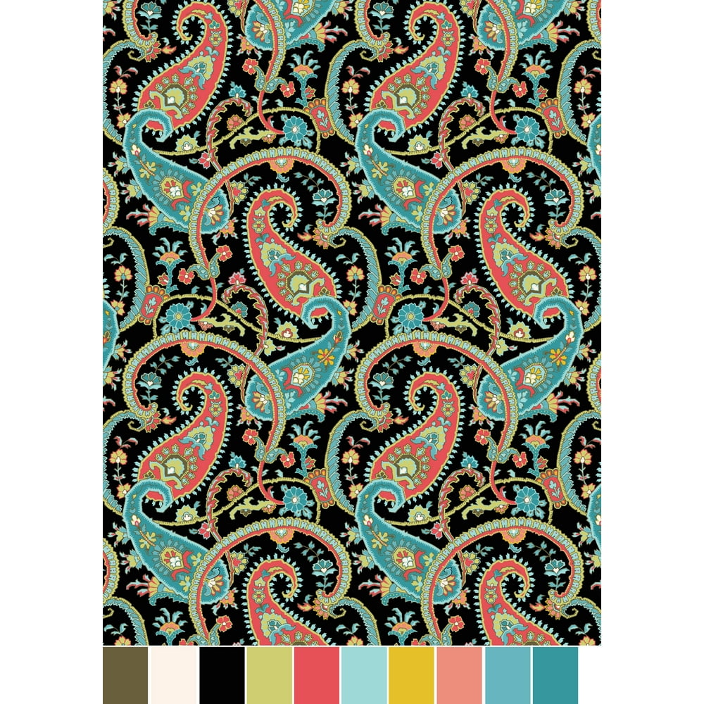 RTC Fabrics 100% Cotton 44" Jet Jacobean Black Paisley Print Fabric, By