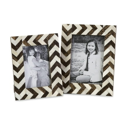 Set of 2 White Bone Inlay and Brown Chevron Pattern Photo Picture Frames