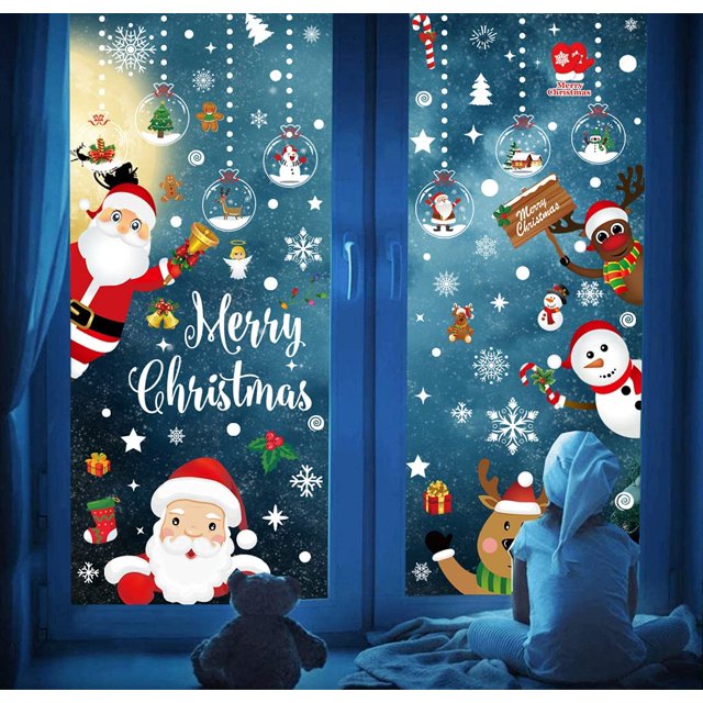 ZHAOCHENG Etiqueta de decoración navideña Pegatinas para ventanas Murales de pared de vidrio Etiqueta navideña Pegatinas navideñas Reno Árbol de Navidad Decoración navideña reutilizable Ventana Decora