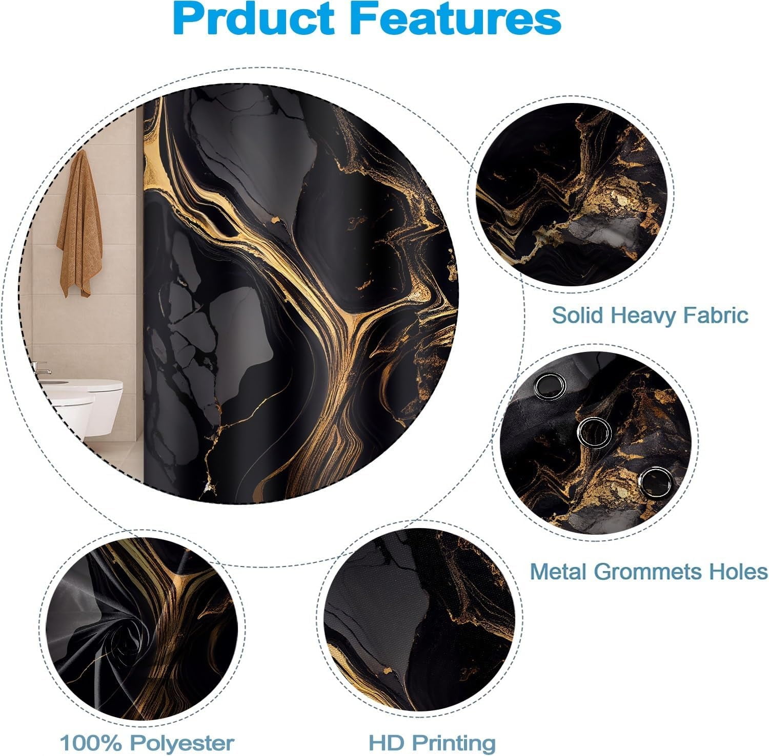 Black Marble Shower Curtain 72x72 inches for Bathroom Abstract Bathtub Room Partition Decoration Modern Gold Marble Waterproof Fabric Shower Curtains Set with Hooks