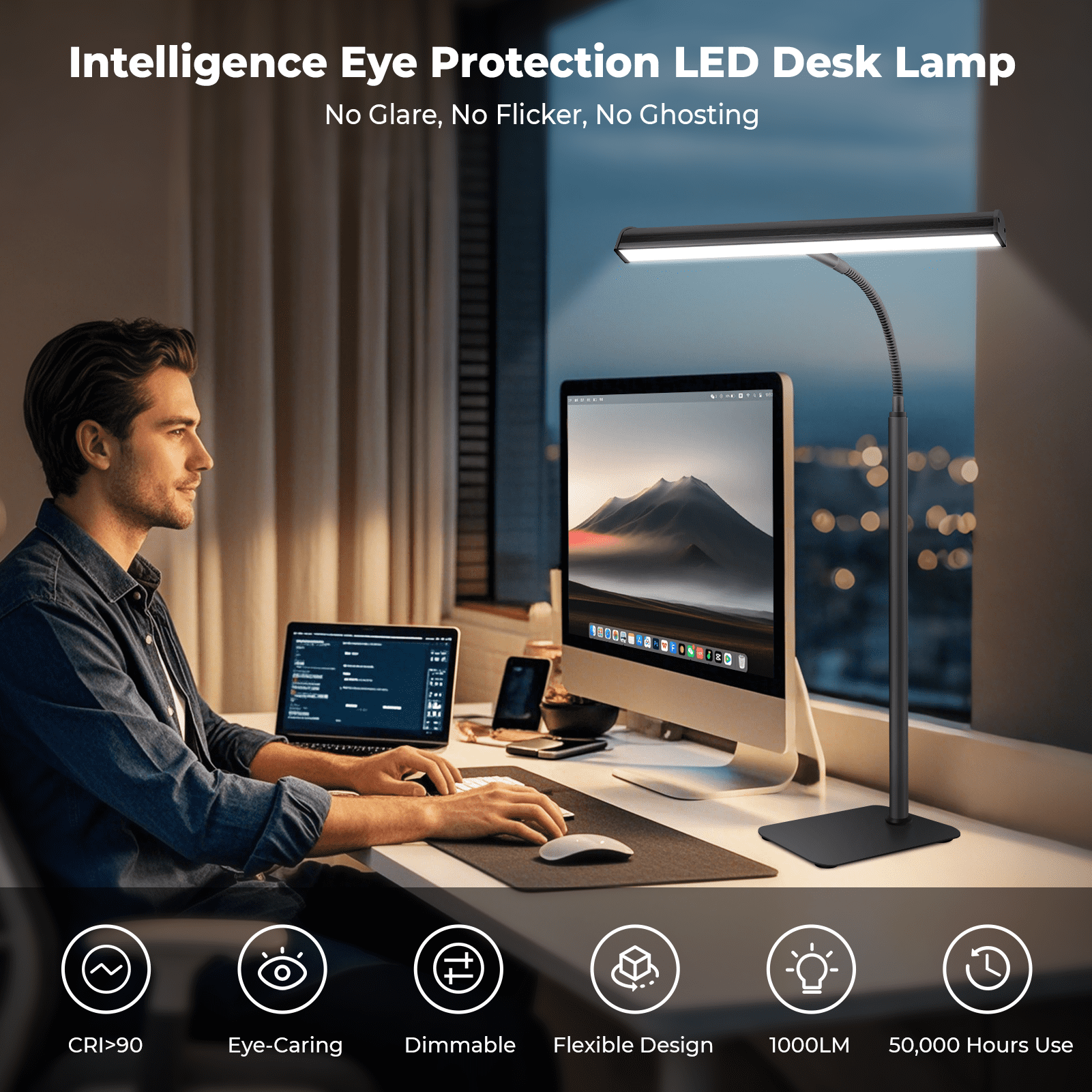 21.5" Adjustable Desk Lamp,Eye-Caring LED Desk Lamp with Memory Function & Anti-Glare, 3 Colors & 10 Brightness Levels, USB Powered Office Light for Home Office/Study/Artwork