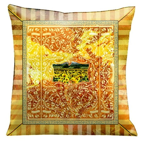 Lama Kasso 101S Beautiful Aged Effect with Tuscan Countryside, Gold and Orange Scrolls and Stripes 18 in. Square Micro-Suede Pillow