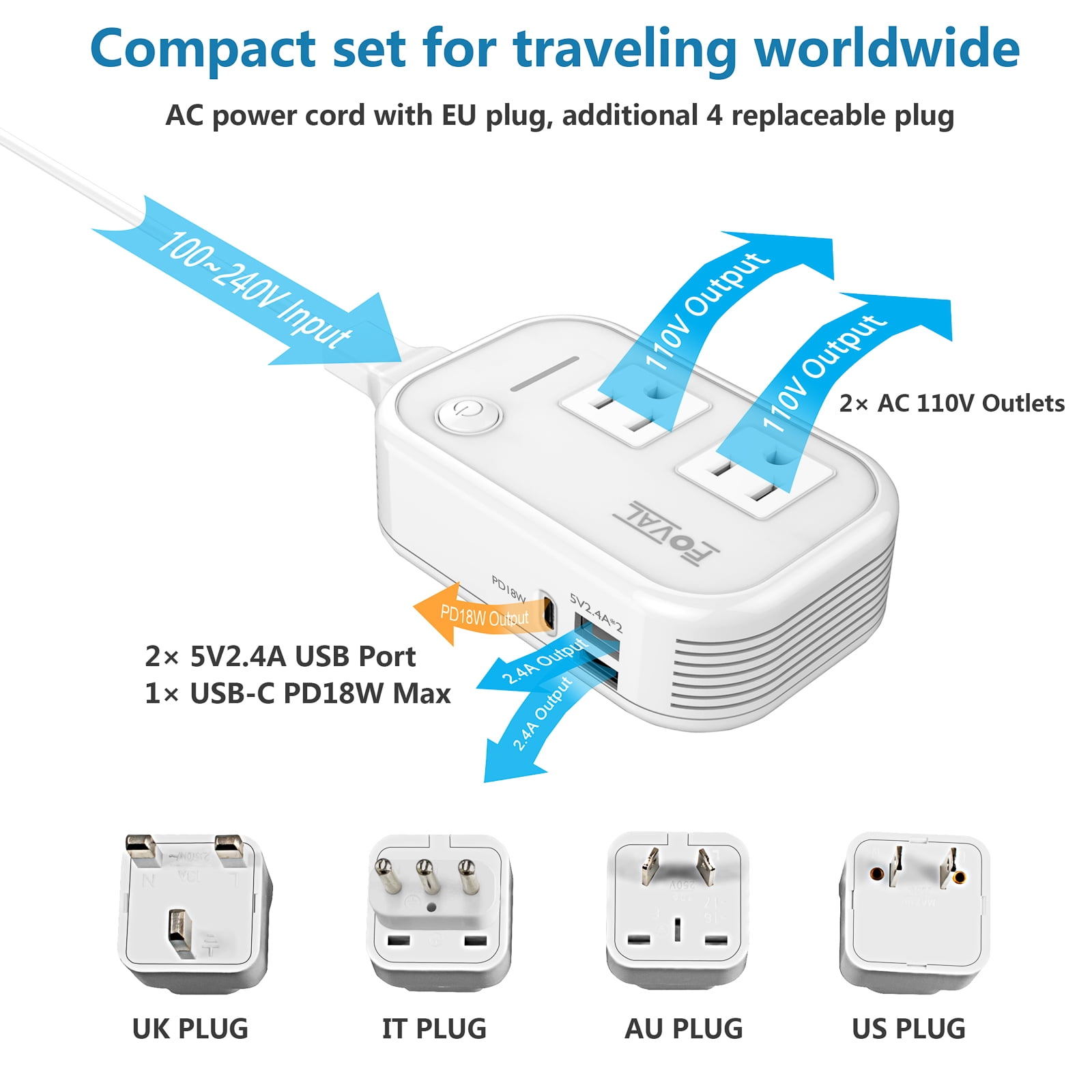 220V to 110V Converter Travel Adapter: FOVAL International Power Converter with [18W PD USB-C] 3 USB Ports 2 AC Outlets Voltage Converter US to Europe UK AU US Italy Worldwide Plug Power Adapter White