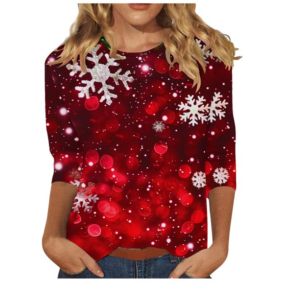 bnaln Christmas Sweatshirts for Women Christmas Jumpers Dressy Casual 3/4 Sleeve Tops Xmas Tree Red Wine Glass Graphic Tees Loose Fit Tshirt Trendy Holiday Tunic Blouse