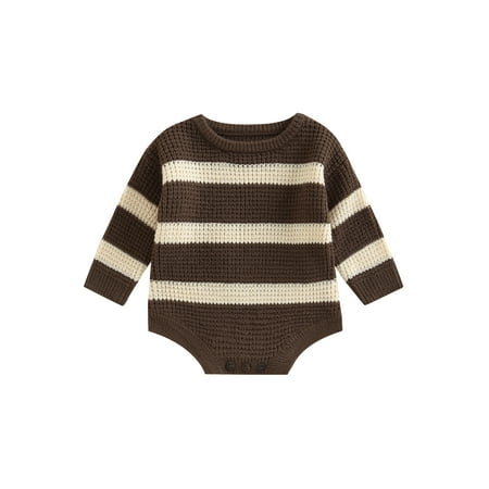 

jaweiwi Toddler Baby Knit Rompers for Spring Fall Contrast Colors Striped Round Neck Long Sleeve Jumpsuit for Newborn Girl Boy Size 0 6 12 18 24 M
