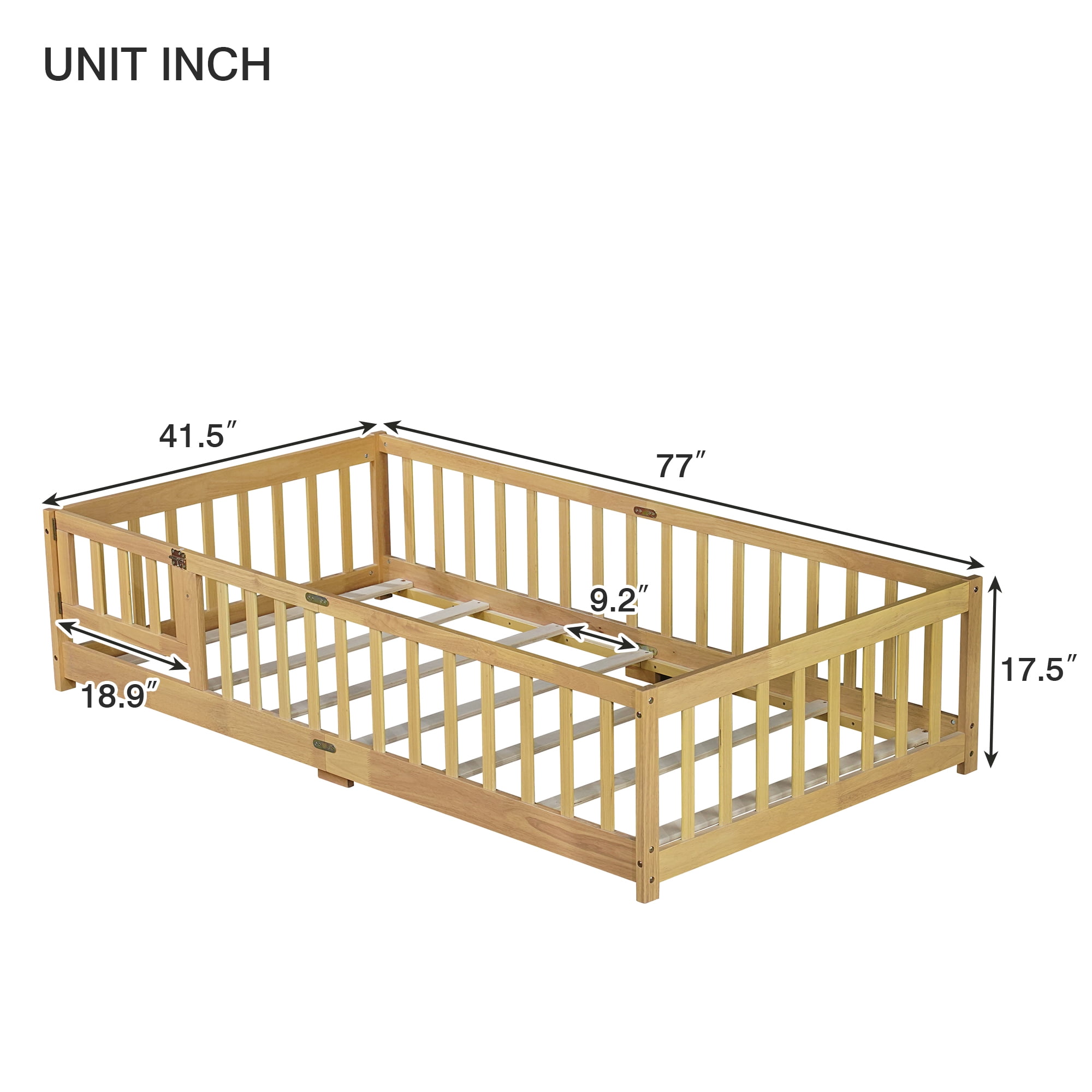 Twin Size Floor Bed with Door and Fence, UHOMEPRO Montessori Floor Bed with Slats and Safety Guardrails, Solid Wood Twin Bed Frame for Bedroom, Natural