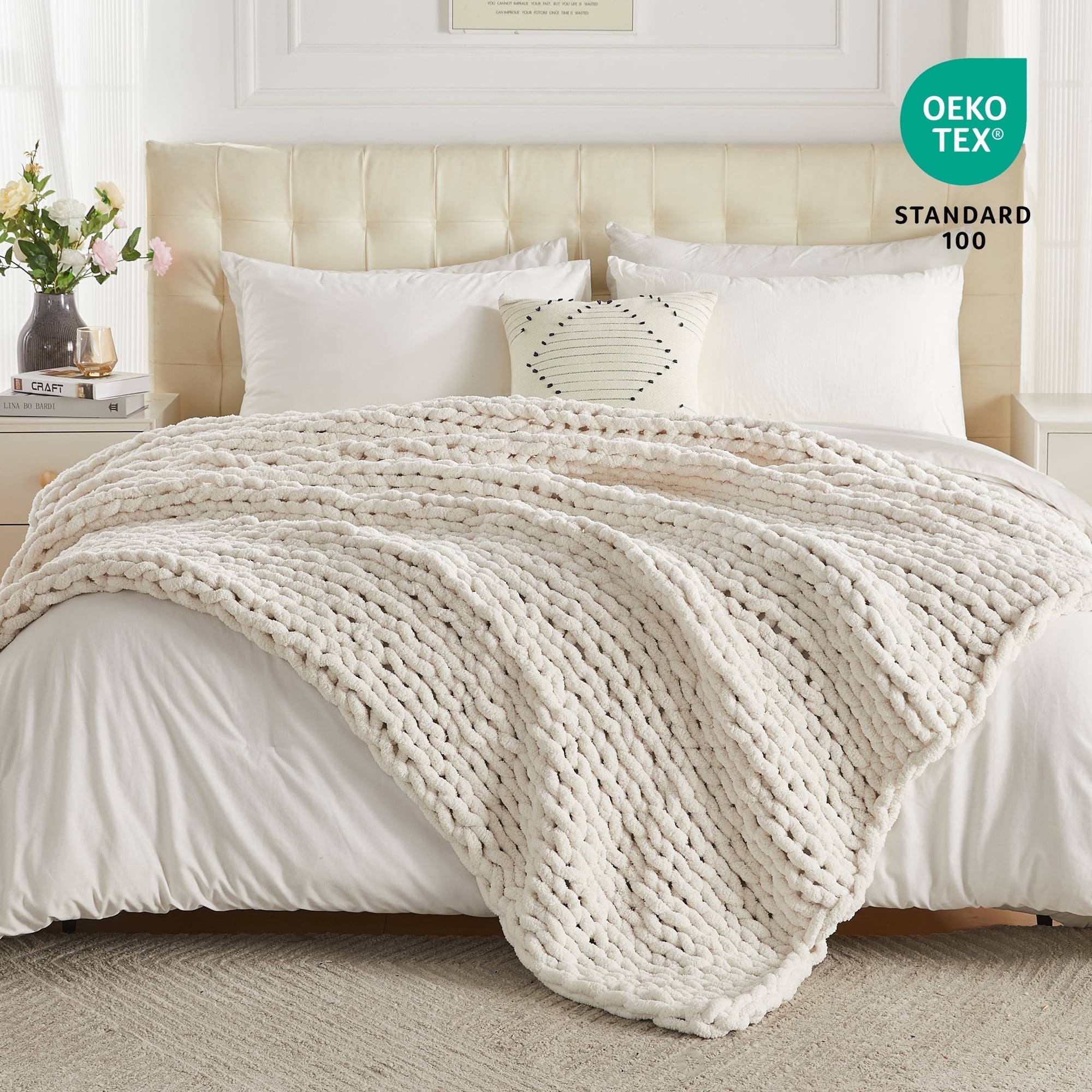 Carriediosa Chunky Knit Throw Blanket Handmade Soft Throws for Couch Sofa Bed, 60" x 80" Cream White