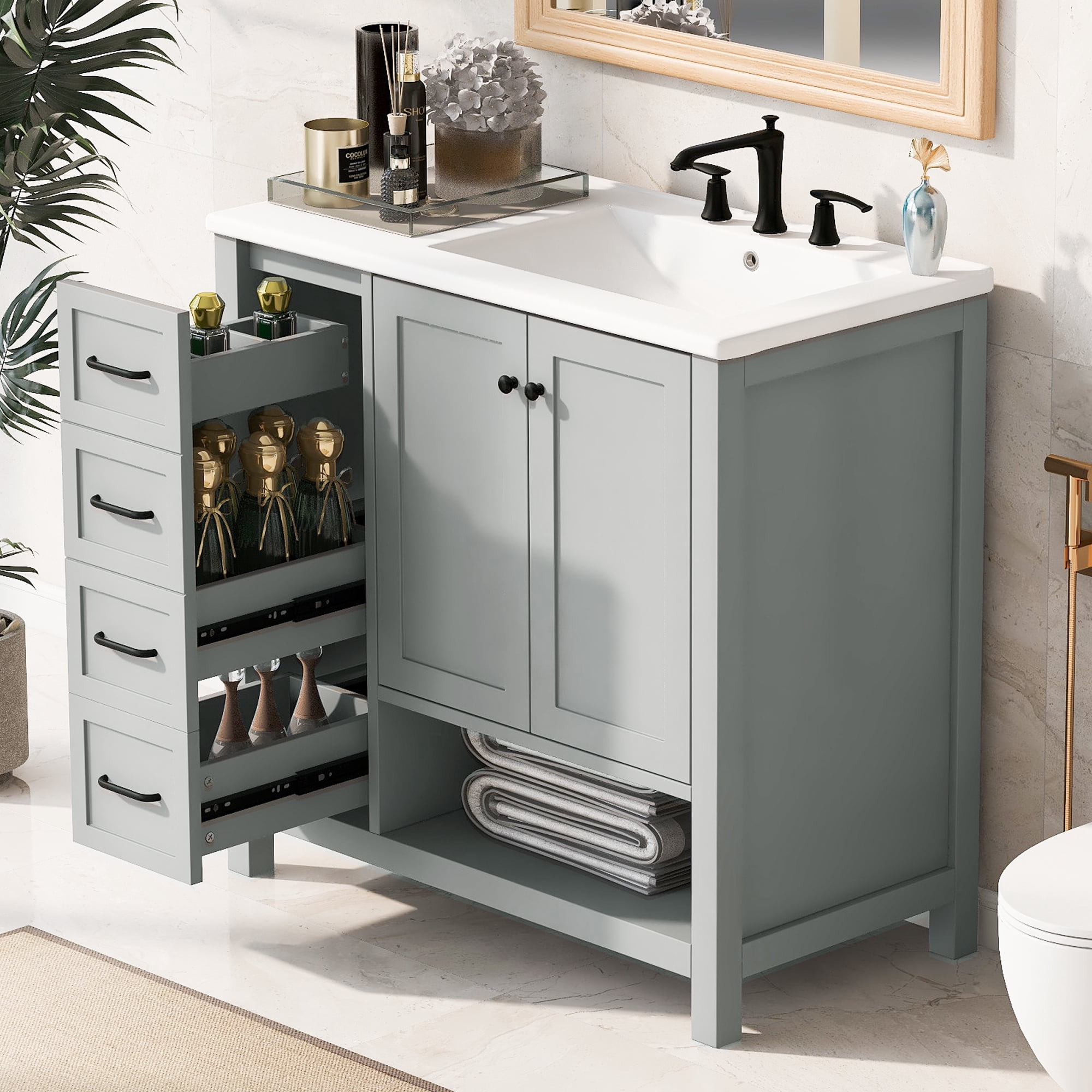 Euroco Modern Bathroom Vanity Cabinet with Right-Side Ceramic Sink, 2 Drawers & 2-Door Storage, Solid Wood & MDF, 8" Faucet Compatible