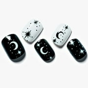 GLAMERMAID Press on Nails Extra Short Squoval, Gothic Black and White Glue on Gel Nails with Stars Design, 24Pcs Round Reusable UV Finish Fake Nails Acrylic False Nails Manicure Kits for Women Gifts