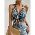 thumbnail image 5 of Women'S Floral Print Backless Halter Top Sleeveless Tie Knot Front - Crop Tops Blue S, 5 of 8