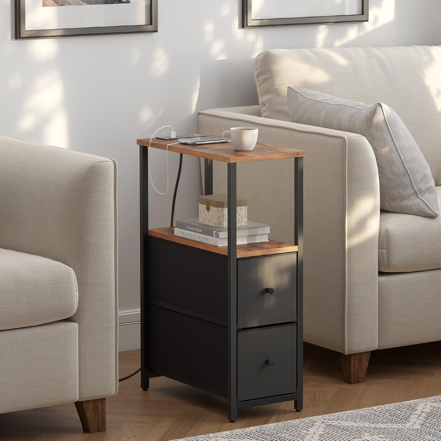 Small Narrow End Table with Charging Station, Set of 2, Side Table with Outlets, Nightstand with 2 Cloth Drawers, Couch Table, for Living Room, Bedroom, Bedside, Brown and Black