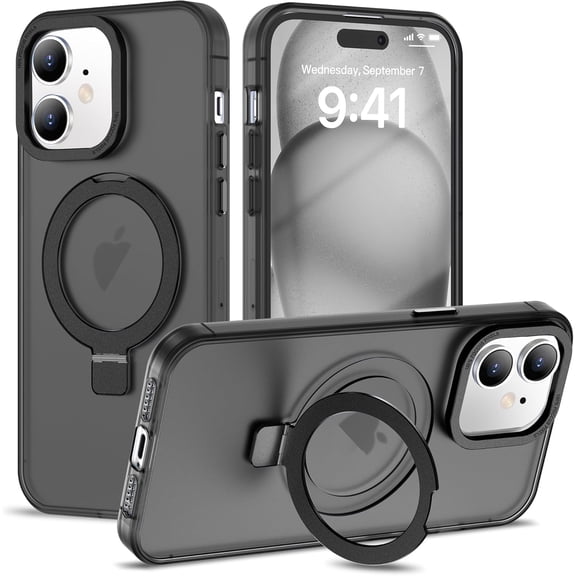 for iPhone 11 Case with Magnetic Invisible Ring Stand [Compatible with Magsafe] [Military Grade Drop Protection] Shockproof Translucent Matte Slim Phone Case for Women Men, Black