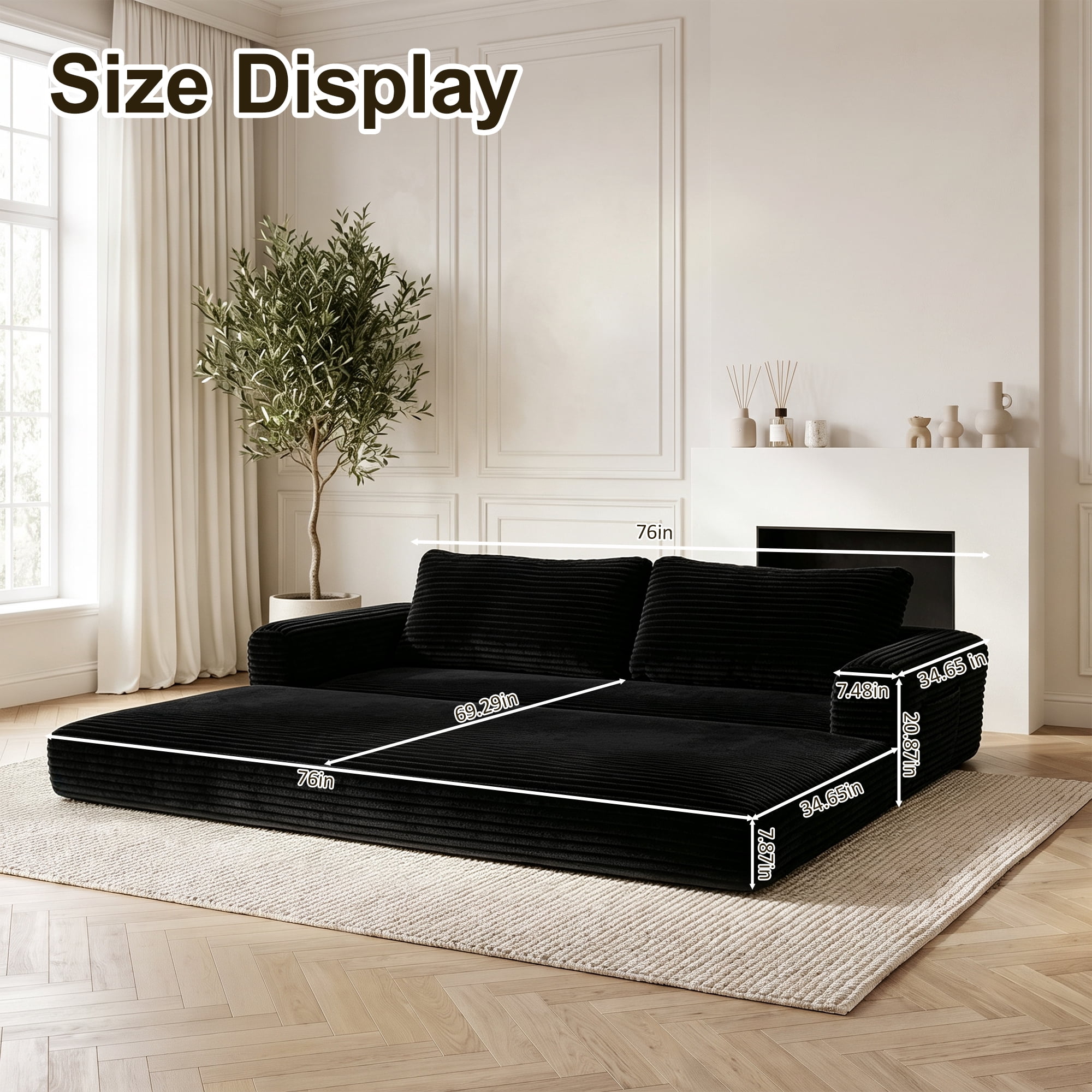 76" Convertible Futon Sofa Bed,Folding Boneless Floor Couch with Deep Seat,Cloud Corduroy Fold Out Sleeper Sofa with Memory Foam Cushion for Living Room,Bedroom,Black