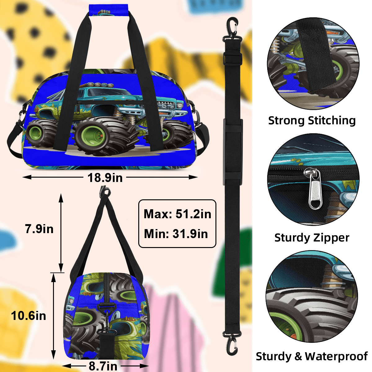 Herdesigns Sports Duffle Bags Travel Duffle Bag Gym Bag Cartoon Cool Monster Truck Weekender Travel Bag Waterproof Overnight Bag Carry On Travel Tote Bag Dance Bags