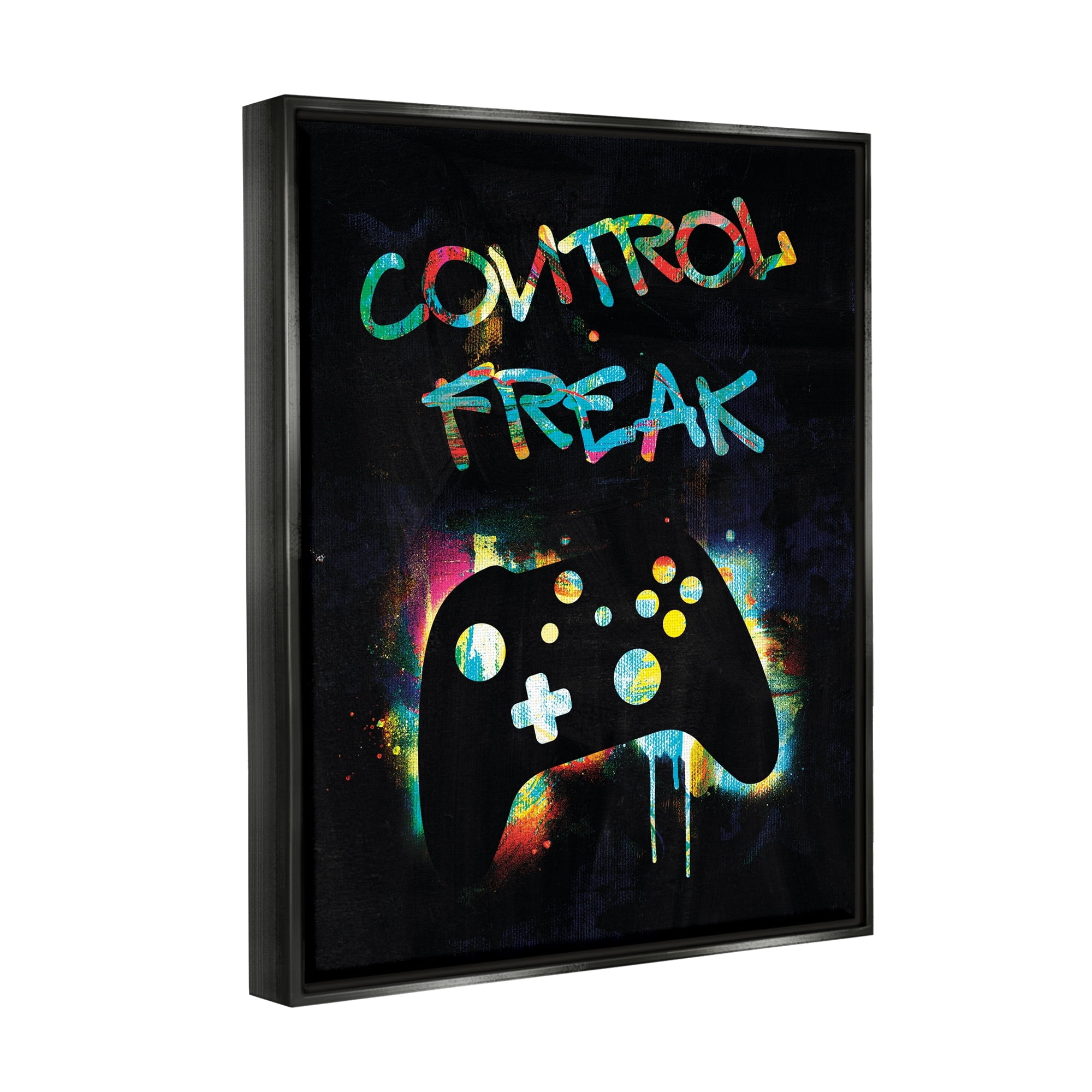Stupell Industries Control Freak Game Controller Graffiti Street Style Graphic Art Jet Black Floating Framed Canvas Print Wall Art, Design by Victoria Barnes