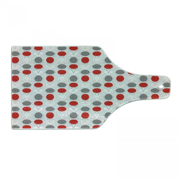 Mid Century Cutting Board, Big Circular Spots and Oval Shapes Combined the of Geometry, Decorative Tempered Glass Cutting and Serving Board, Wine Bottle Shape, Grey Red White, by Ambesonne