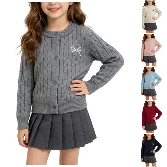 Pandaie Girls Long Sleeve Sweater Cardigan Kids Button Down Soft Knit Sweaters Toddler Bowknot School Uniforms Fall Jacket Size 0-8 Years