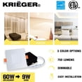 thumbnail image 2 of Krieger LED Recessed Ceiling Light Fixture, 4 Inch Ultra-Thin Square with Rounded Back, 3 Color Temperature Options, Dimmable, 750 Lumen, 9 Watt (60W Equivalent), Quick Install - ETL and ES Certified, 2 of 8