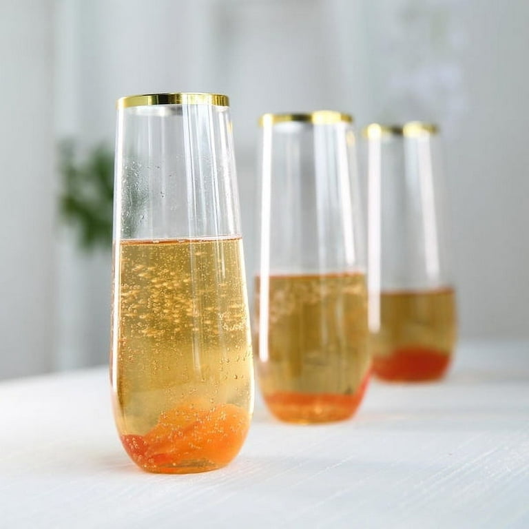 Visions 9 oz. Heavy Weight Clear Plastic Stemless Champagne Flute with Rose  Gold Rim - 16/Pack