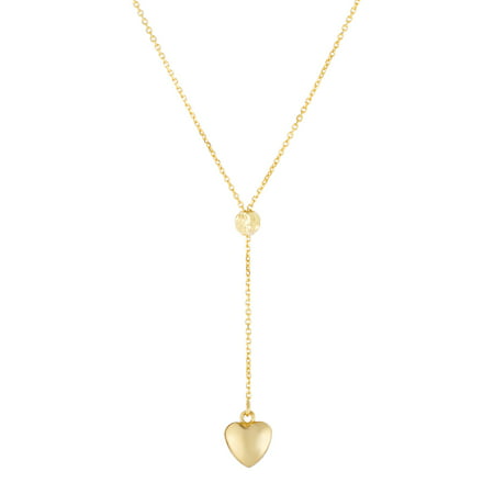 14K Yellow Gold Shiny Heart Drop on Link Necklace with Lobster Clasp: Stationary Bead. Not Moveable!