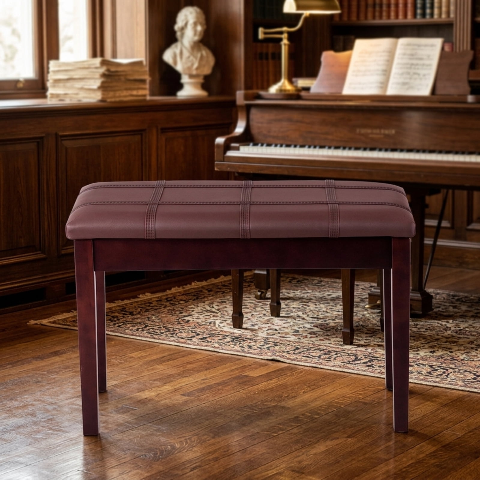 Furnibear Solid Wood Duet Piano Bench with PU Leather Padded Seat and Under Seat Storage for Two Players Keyboard Music Studio Home, Brown