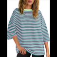 thumbnail image 3 of Camisetas de Rayas de Gran Tamaño para Mujer, Blusas Holgadas de Cuello Redondo y Corta, Blusa Informal de Verano Y2K 2025, Camiseta Básica Verde L, 3 of 9